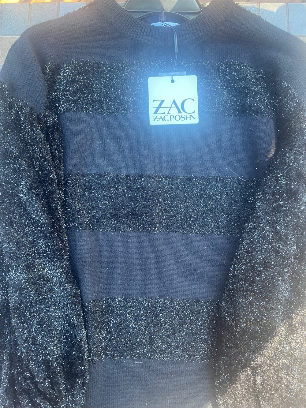 NWT ZAC Zac Posen Black Sparkle-Striped Crewneck Sweater
